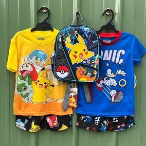 Pokémon Backpack & Sonic Graphic Print Tee & Shorts Sleep 2, 2-Piece Sets XS